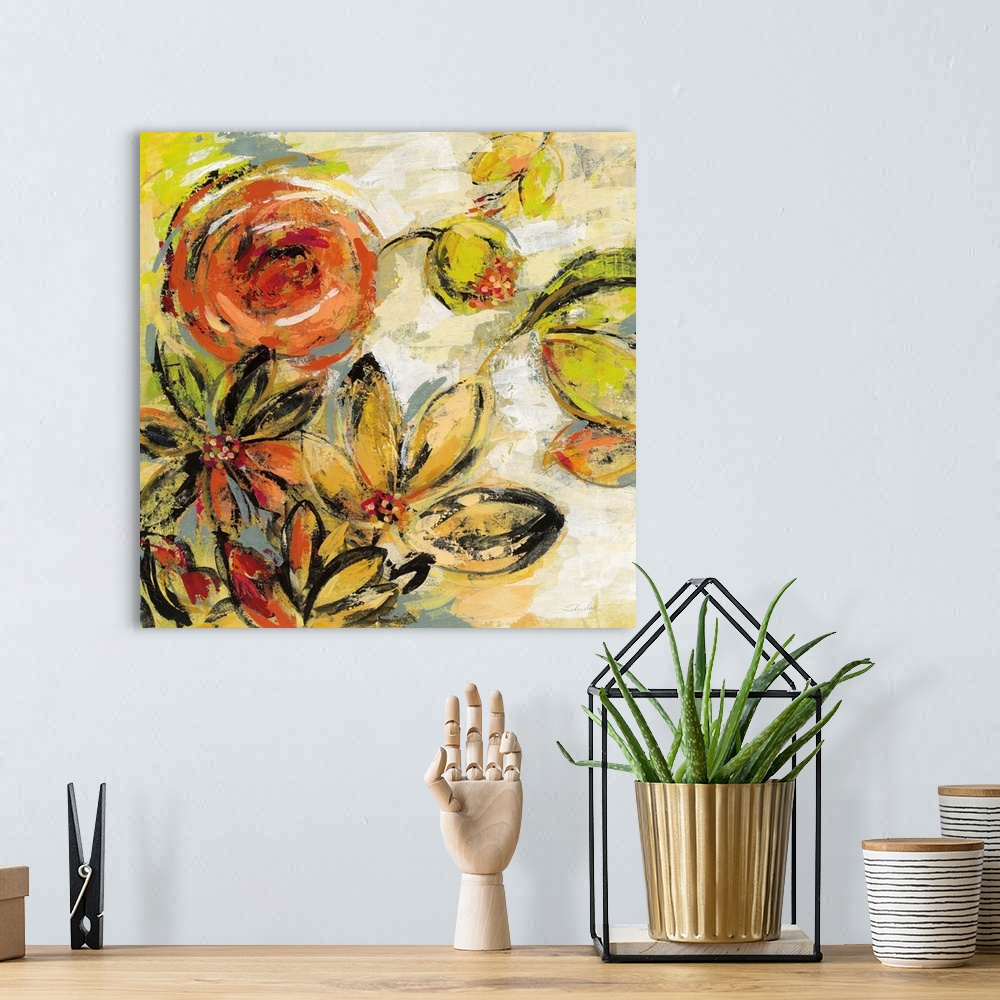 A bohemian room featuring Square floral abstract painting on a neutral colored background.