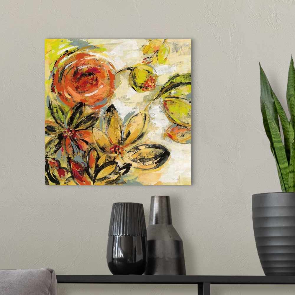 A modern room featuring Square floral abstract painting on a neutral colored background.