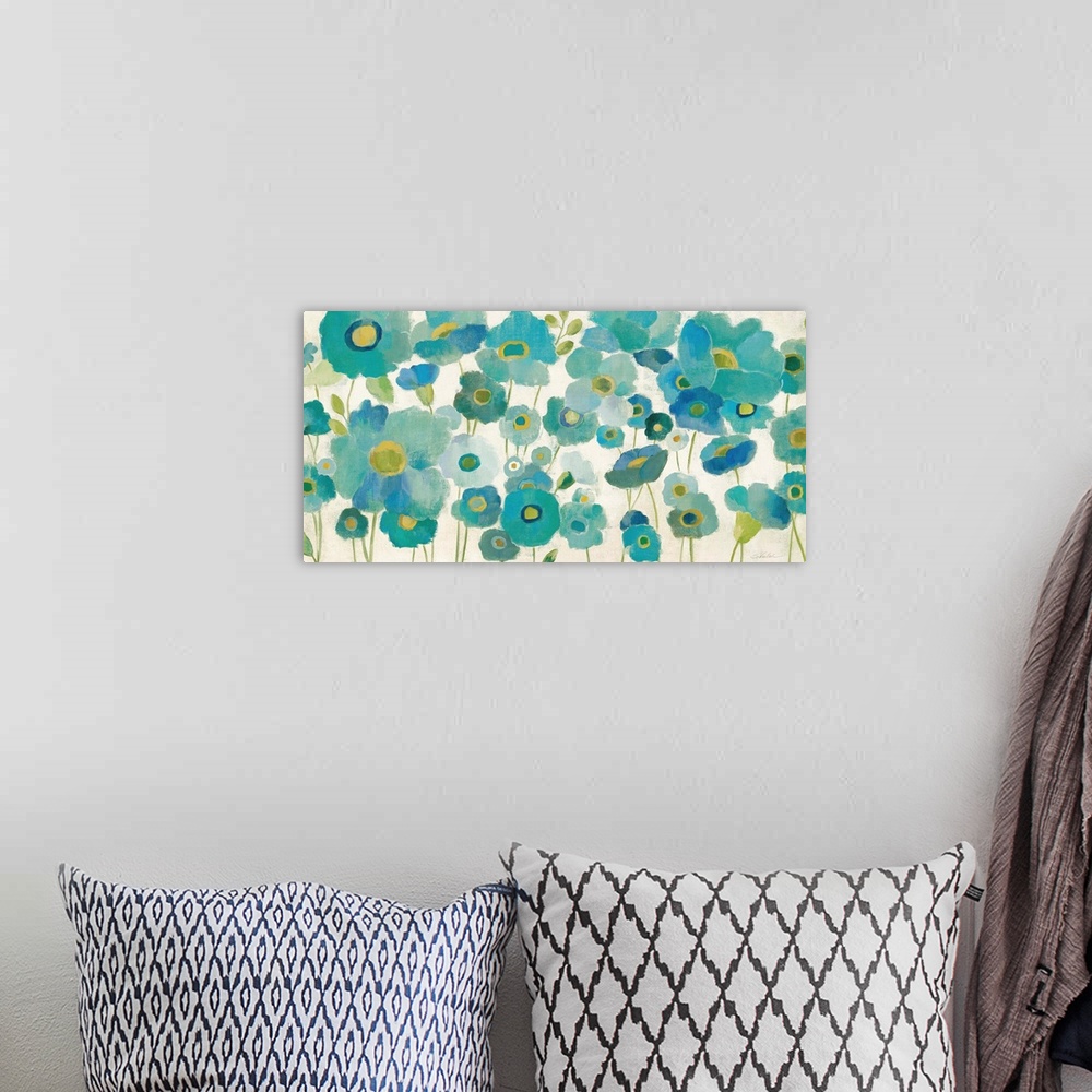 A bohemian room featuring Contemporary painting of a garden of bright blue flowers.