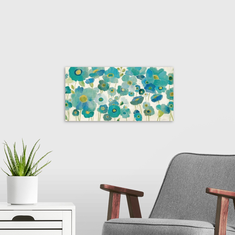 A modern room featuring Contemporary painting of a garden of bright blue flowers.