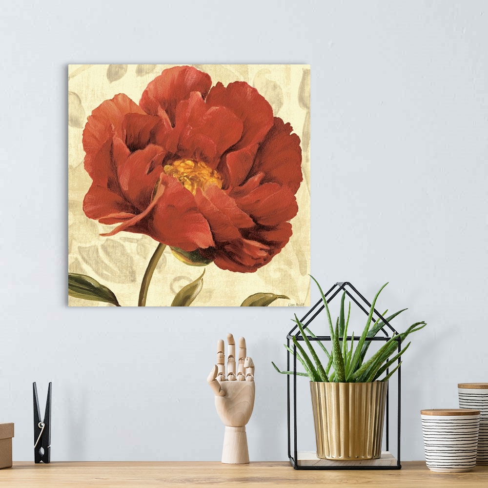 A bohemian room featuring Floral home docor painting of a large blooming flower  on a muted background.