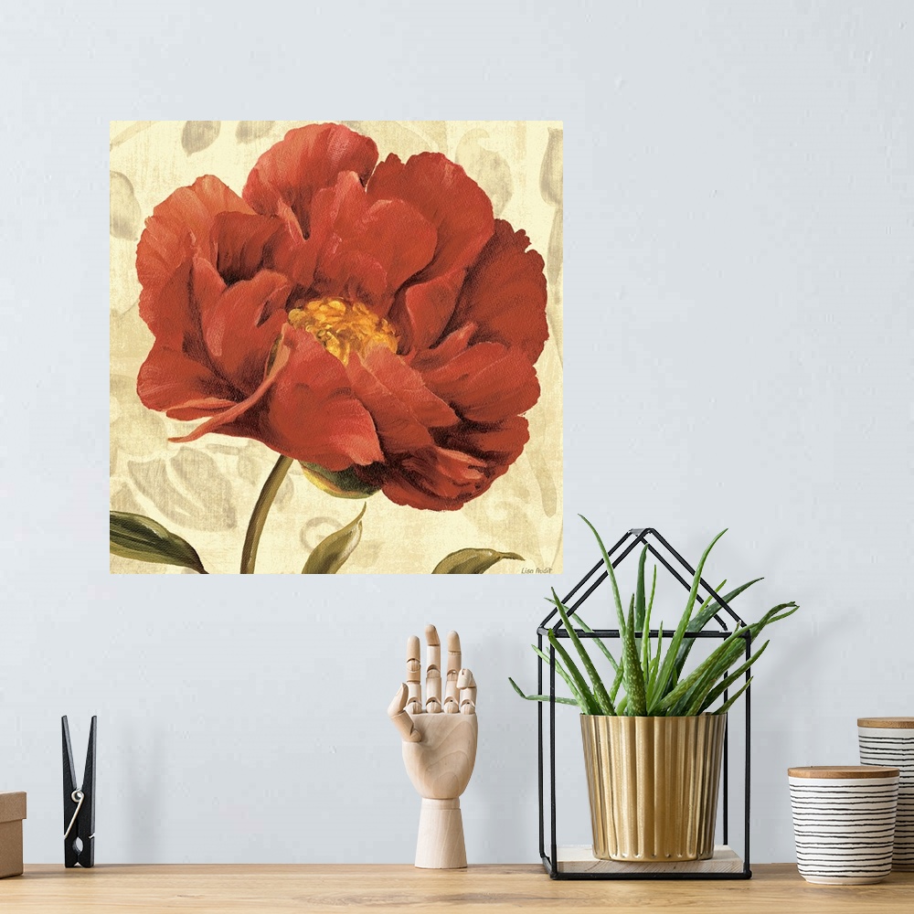 A bohemian room featuring Floral home docor painting of a large blooming flower  on a muted background.