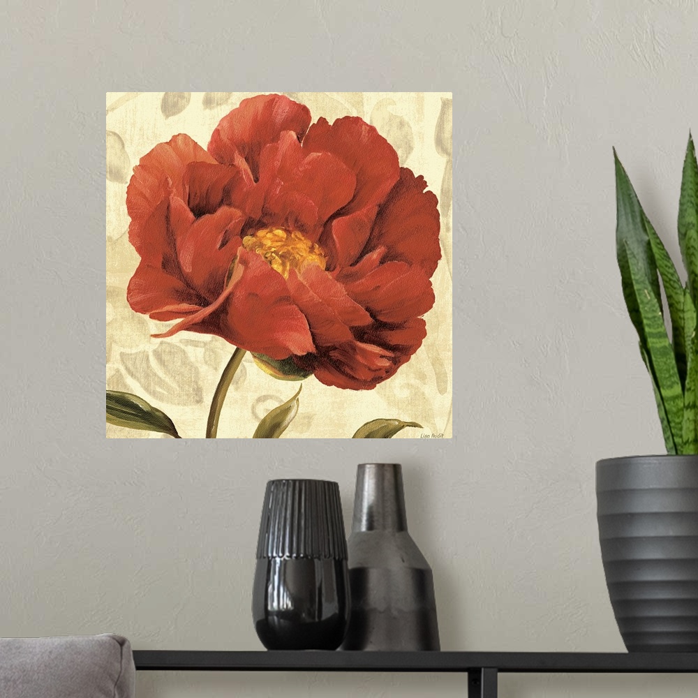 A modern room featuring Floral home docor painting of a large blooming flower  on a muted background.
