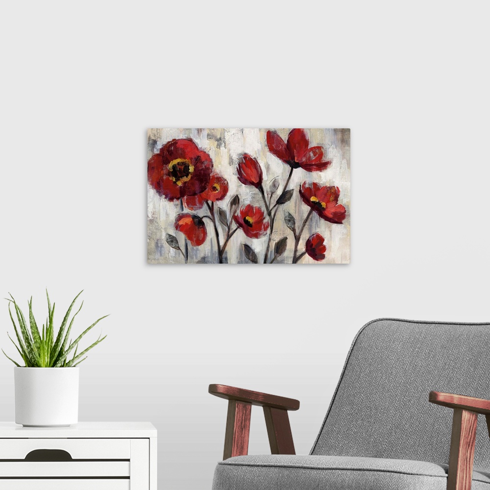 A modern room featuring Painting of red poppies on grey.