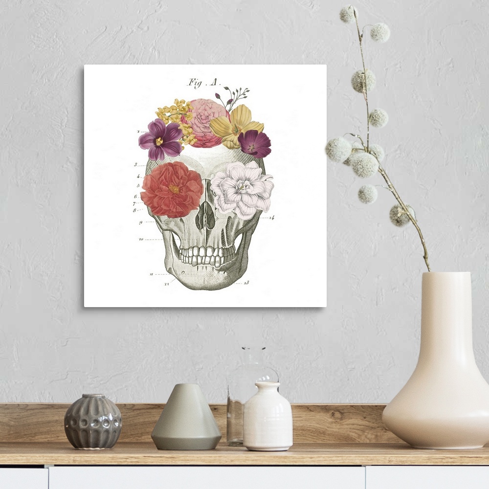 A farmhouse room featuring Decorative artwork of a skull diagram with flowers on the eyes and head.