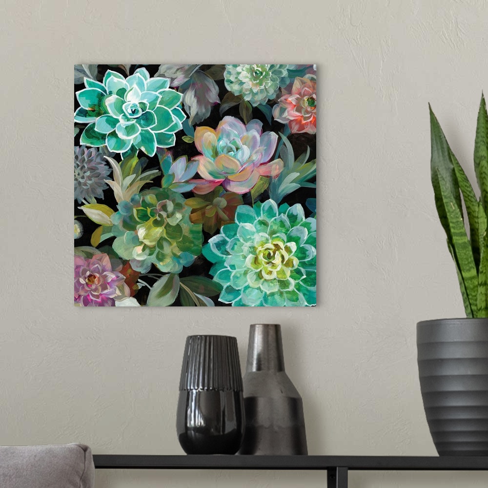 A modern room featuring Square painting of succulents grouped together with a black background.