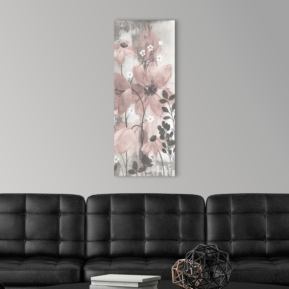 A modern room featuring Contemporary artwork of pink flowers over a distressed gray background.