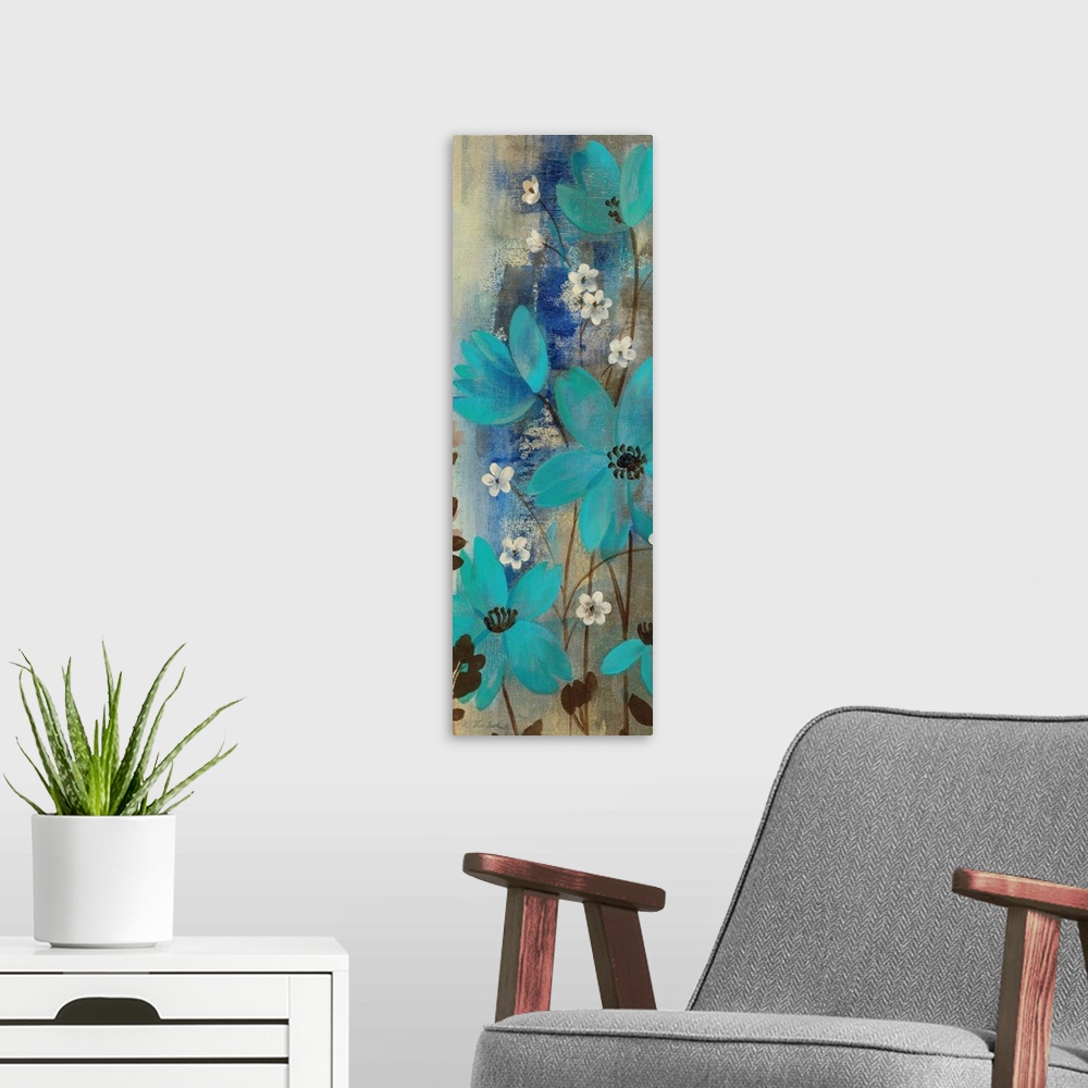 A modern room featuring Contemporary painting of flowers close-up in the frame of the image.