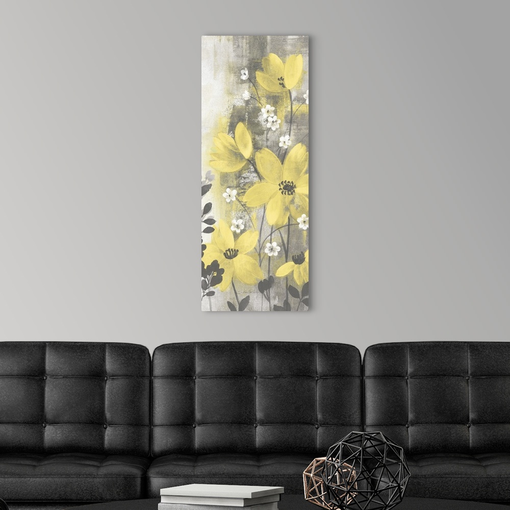 A modern room featuring Contemporary artwork of yellow flowers over a distressed gray background.