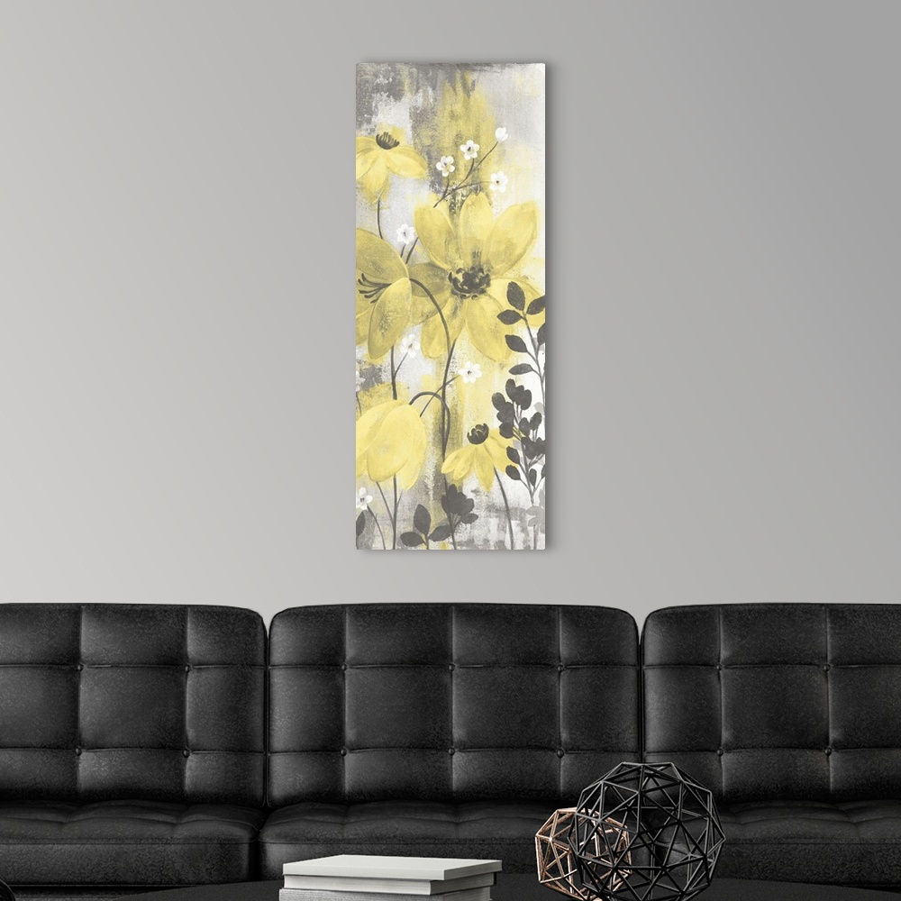 A modern room featuring Contemporary artwork of yellow flowers over a distressed gray background.