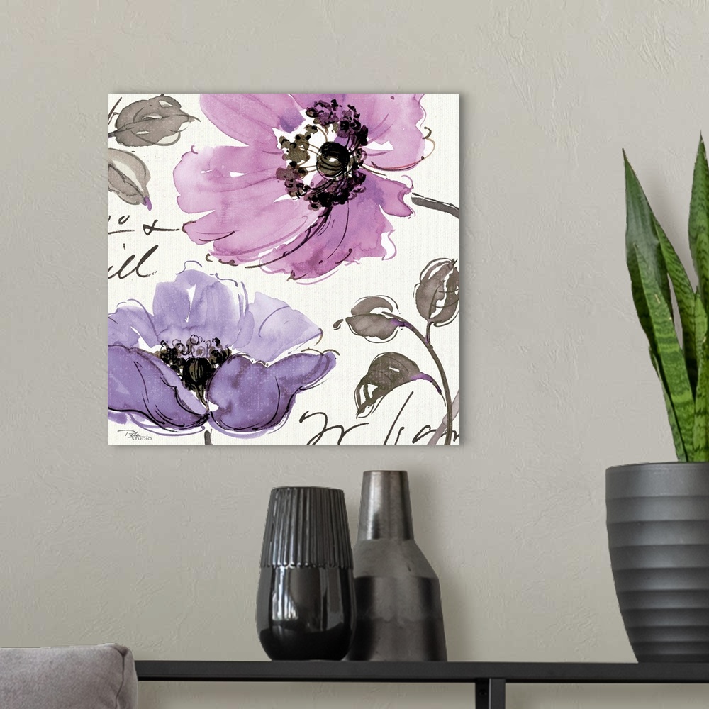 A modern room featuring Contemporary watercolor painting of purple flowers on a neutral toned background with text.