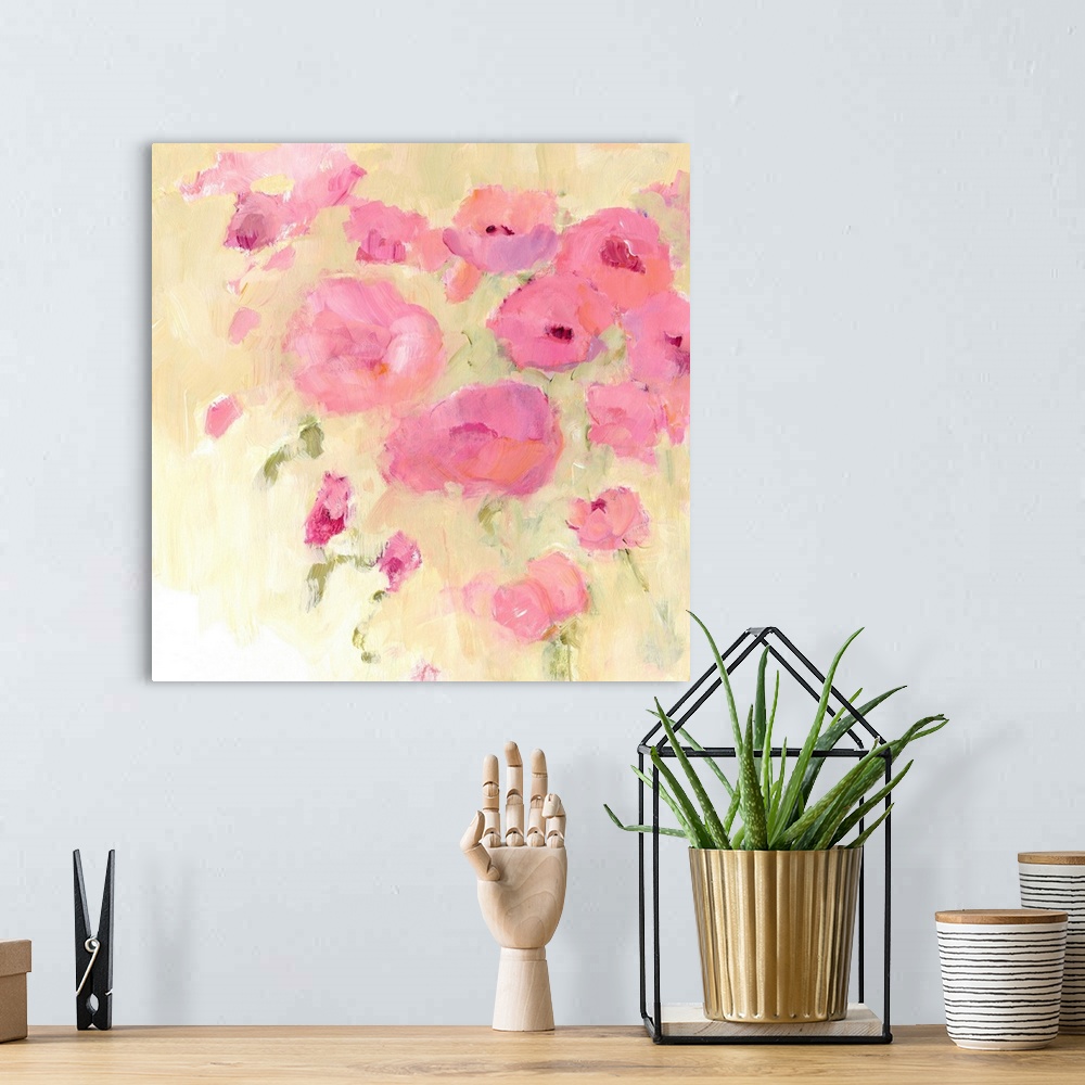 A bohemian room featuring Contemporary artwork of soft pink flowers.