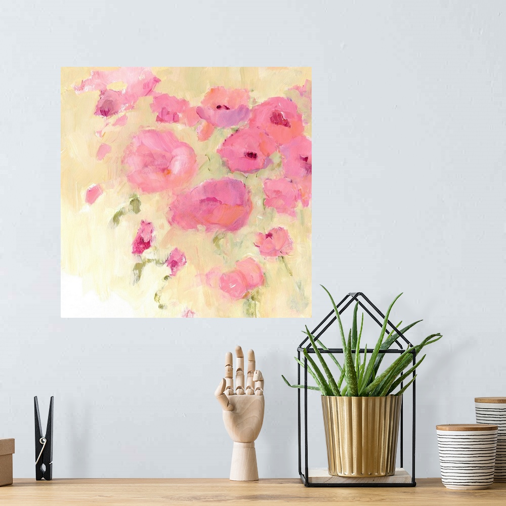 A bohemian room featuring Contemporary artwork of soft pink flowers.