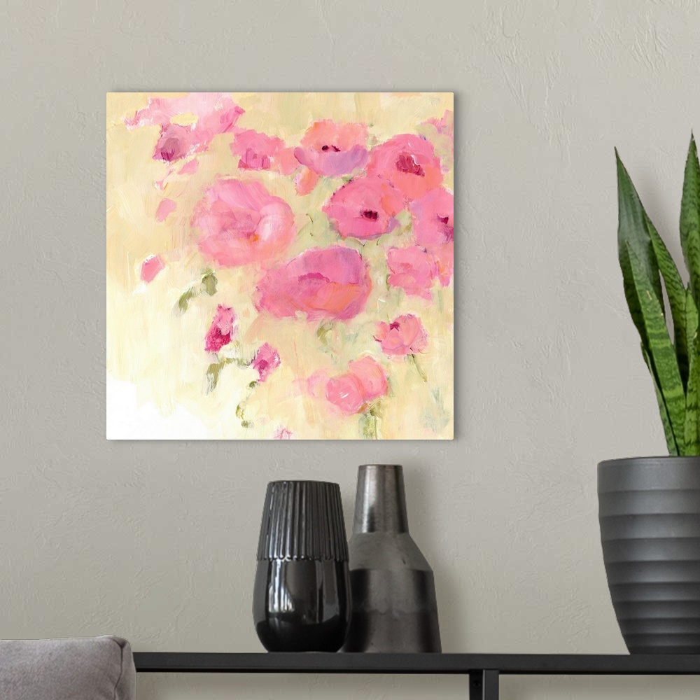 A modern room featuring Contemporary artwork of soft pink flowers.