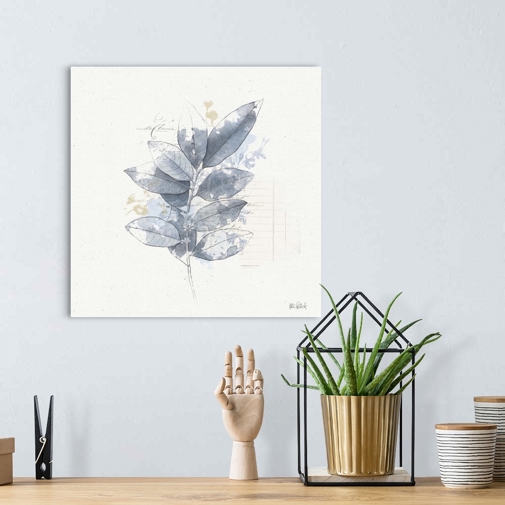 A bohemian room featuring Square collage art that has a blue watercolor branch with leaves and faint script on the backgrou...