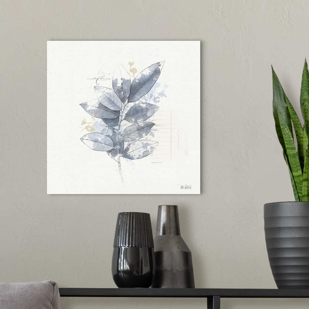 A modern room featuring Square collage art that has a blue watercolor branch with leaves and faint script on the backgrou...