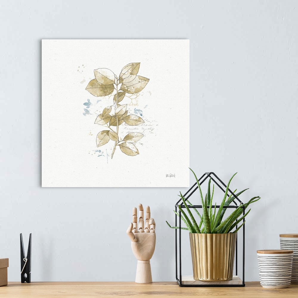 A bohemian room featuring Square collage art that has a beige watercolor branch with leaves and faint script on the backgro...
