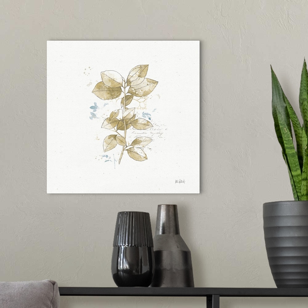 A modern room featuring Square collage art that has a beige watercolor branch with leaves and faint script on the backgro...