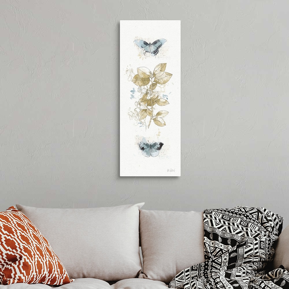A bohemian room featuring Tall rectangular watercolor painting collage with beige leaves and blue butterflies on a neutral ...