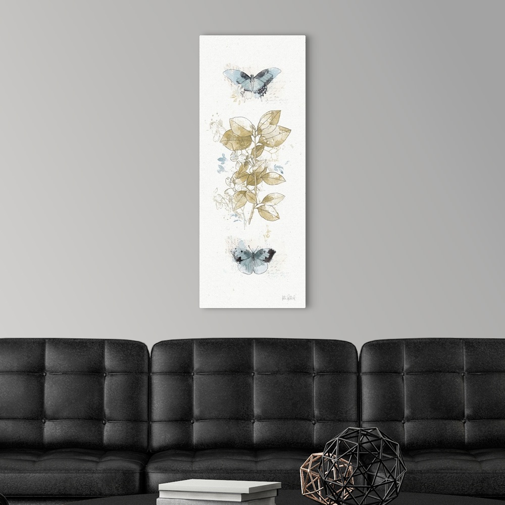 A modern room featuring Tall rectangular watercolor painting collage with beige leaves and blue butterflies on a neutral ...