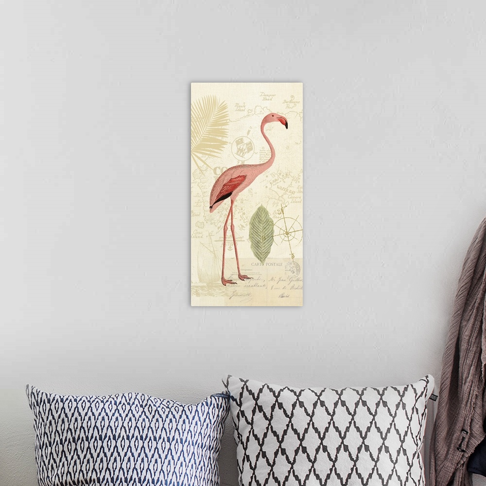 A bohemian room featuring A long vertical design of a pink flamingo with a vintage Florida theme background of a sailboat, ...