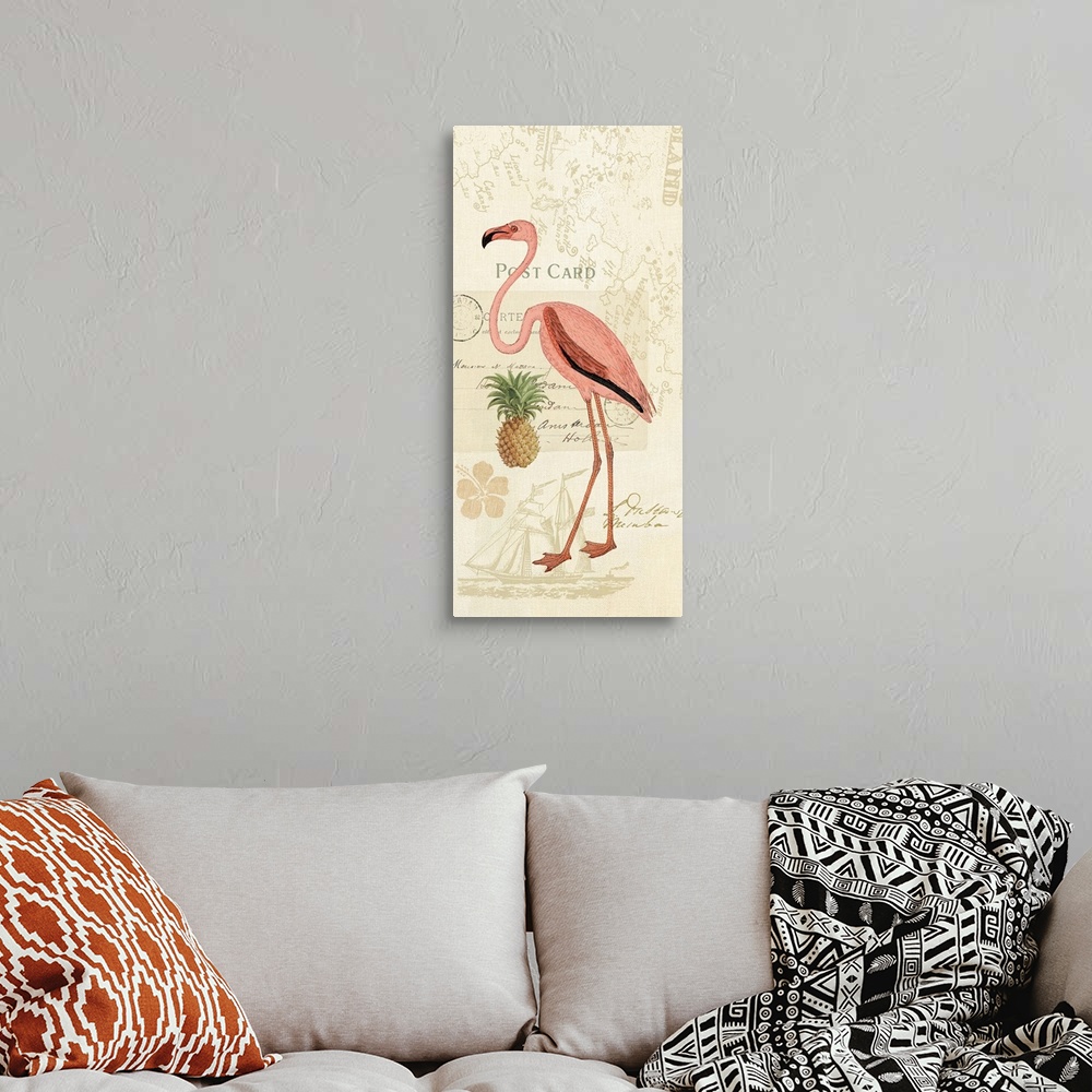 A bohemian room featuring A long vertical design of a pink flamingo with a vintage Florida theme background of a sailboat, ...