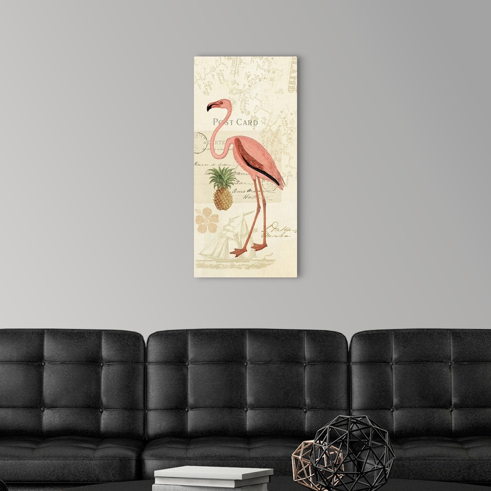 A modern room featuring A long vertical design of a pink flamingo with a vintage Florida theme background of a sailboat, ...