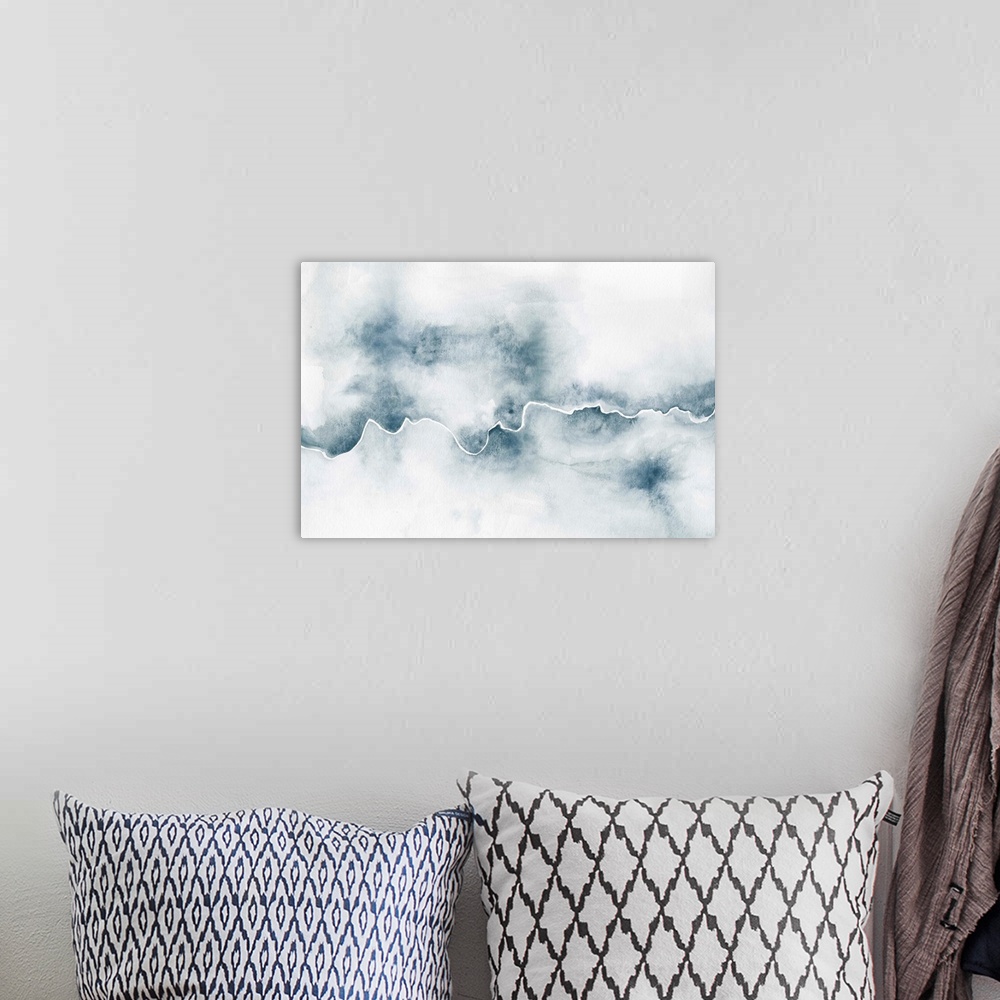 A bohemian room featuring Indigo and white abstract watercolor painting with a faded background and a white bumpy line movi...