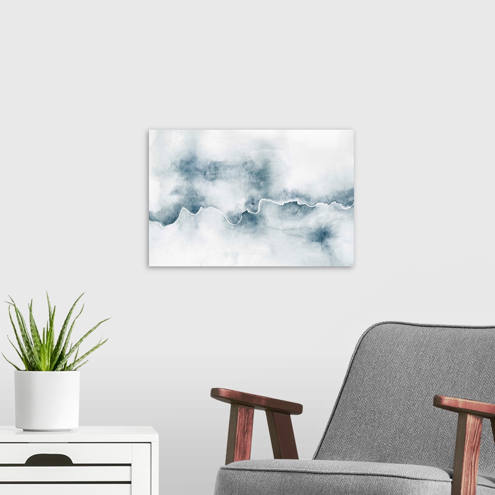 A modern room featuring Indigo and white abstract watercolor painting with a faded background and a white bumpy line movi...