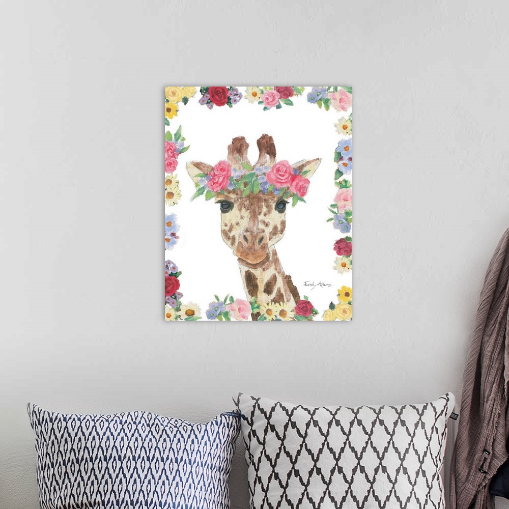 A bohemian room featuring Decorative children's art featuring a giraffe with a flower crown outlined by flowers.