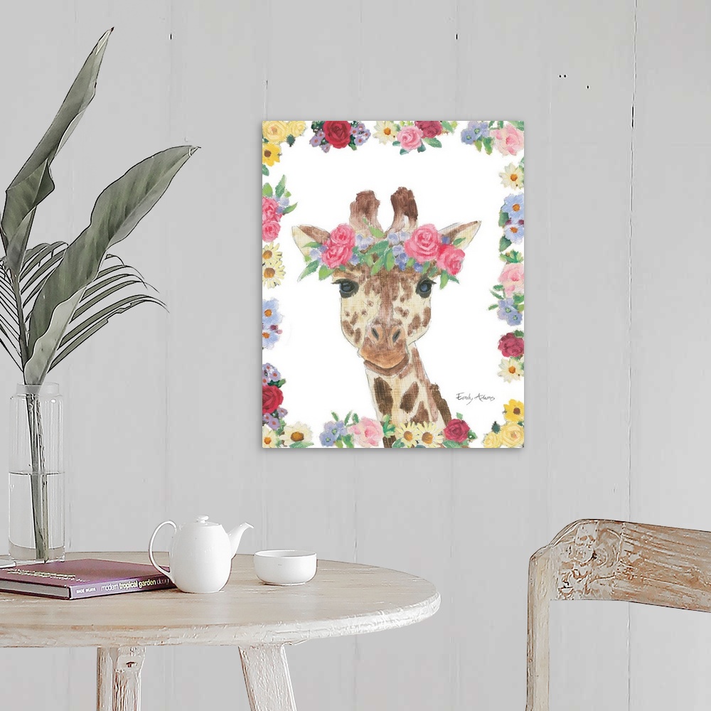 A farmhouse room featuring Decorative children's art featuring a giraffe with a flower crown outlined by flowers.
