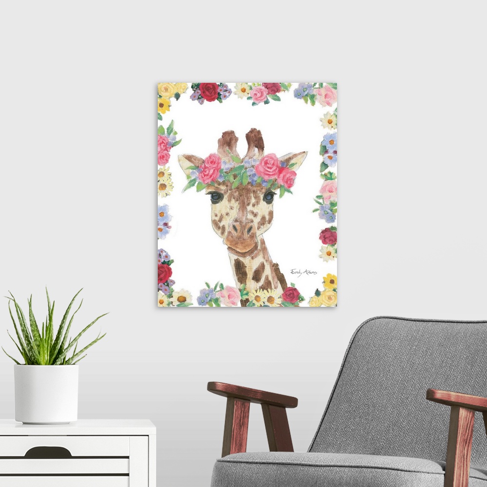 A modern room featuring Decorative children's art featuring a giraffe with a flower crown outlined by flowers.