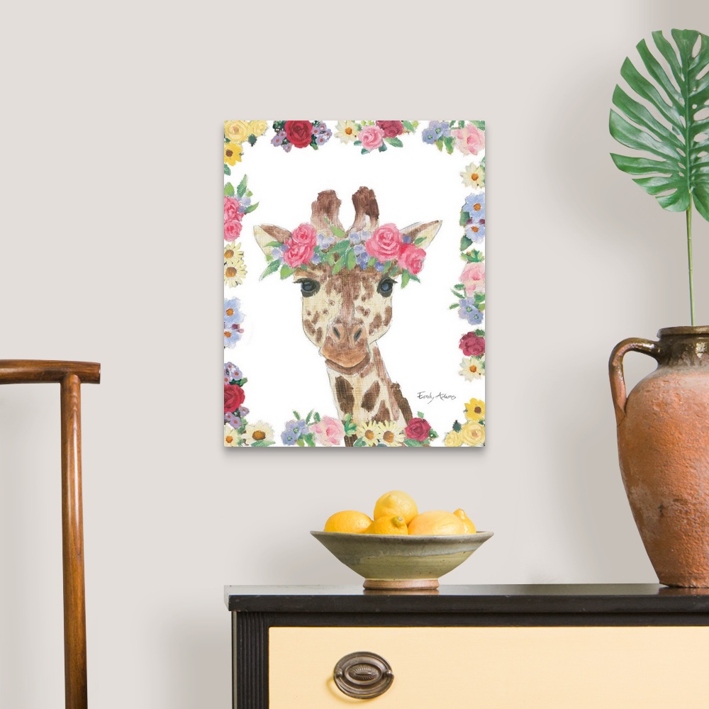 A traditional room featuring Decorative children's art featuring a giraffe with a flower crown outlined by flowers.