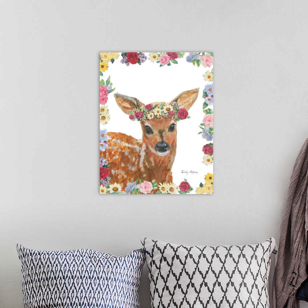 A bohemian room featuring Decorative children's art featuring a deer with a flower crown outlined by flowers.