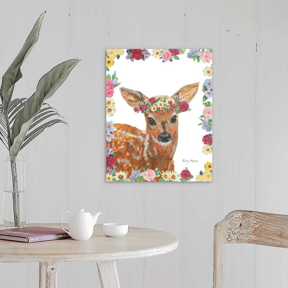A farmhouse room featuring Decorative children's art featuring a deer with a flower crown outlined by flowers.