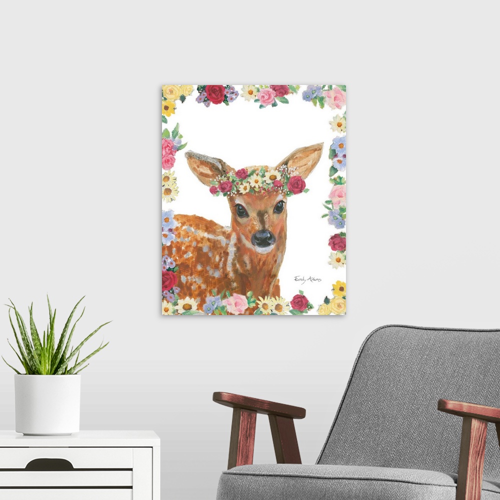 A modern room featuring Decorative children's art featuring a deer with a flower crown outlined by flowers.