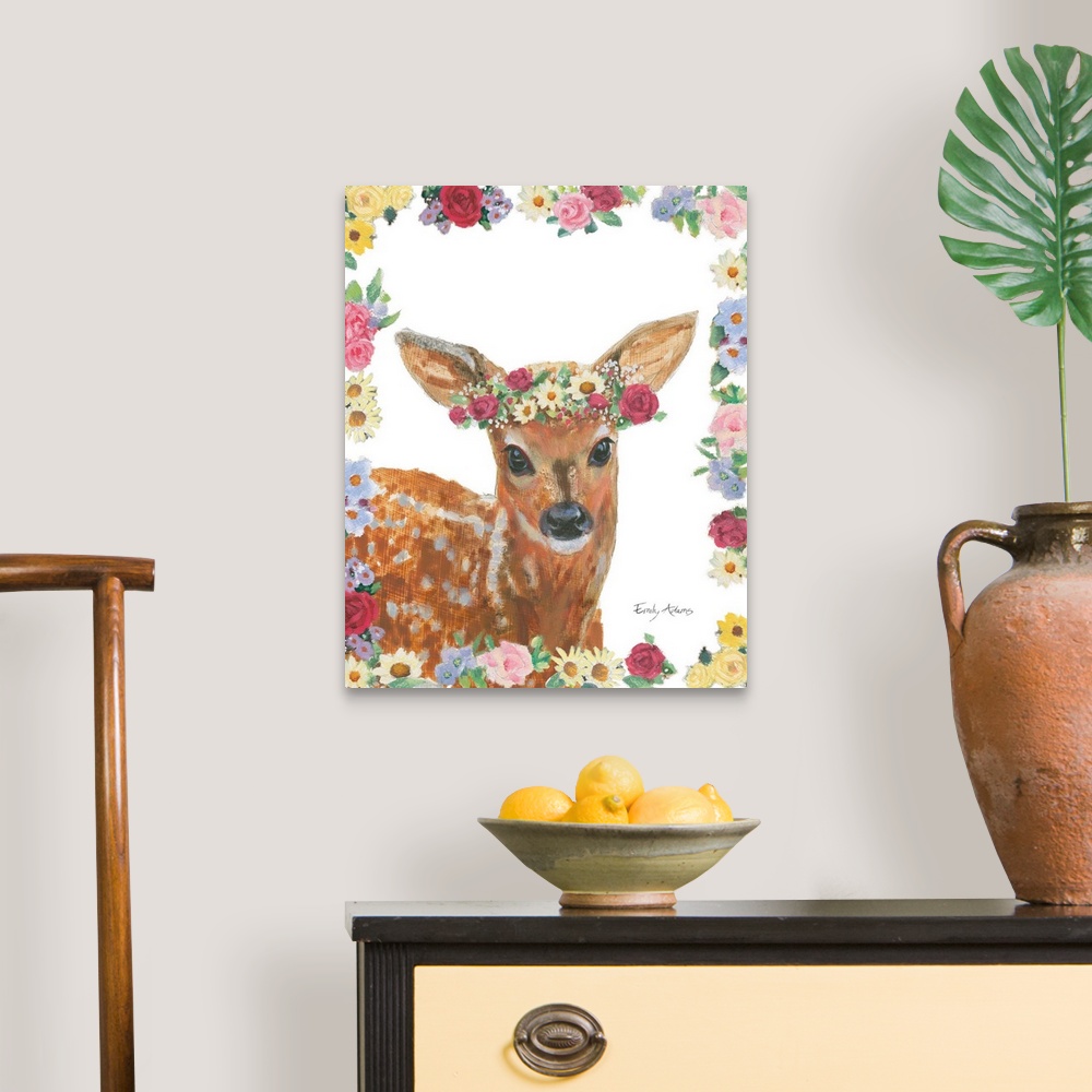 A traditional room featuring Decorative children's art featuring a deer with a flower crown outlined by flowers.