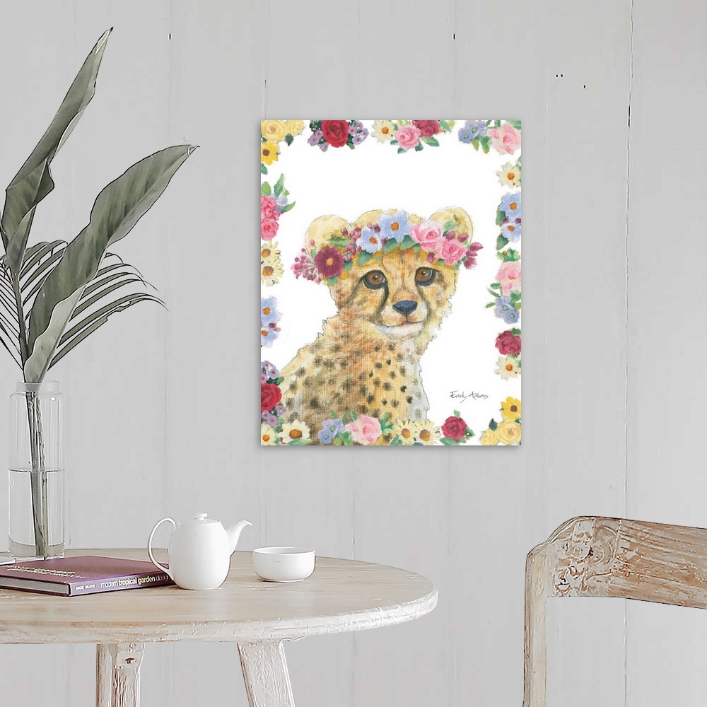 A farmhouse room featuring Decorative children's art featuring a cheetah with a flower crown outlined by flowers.