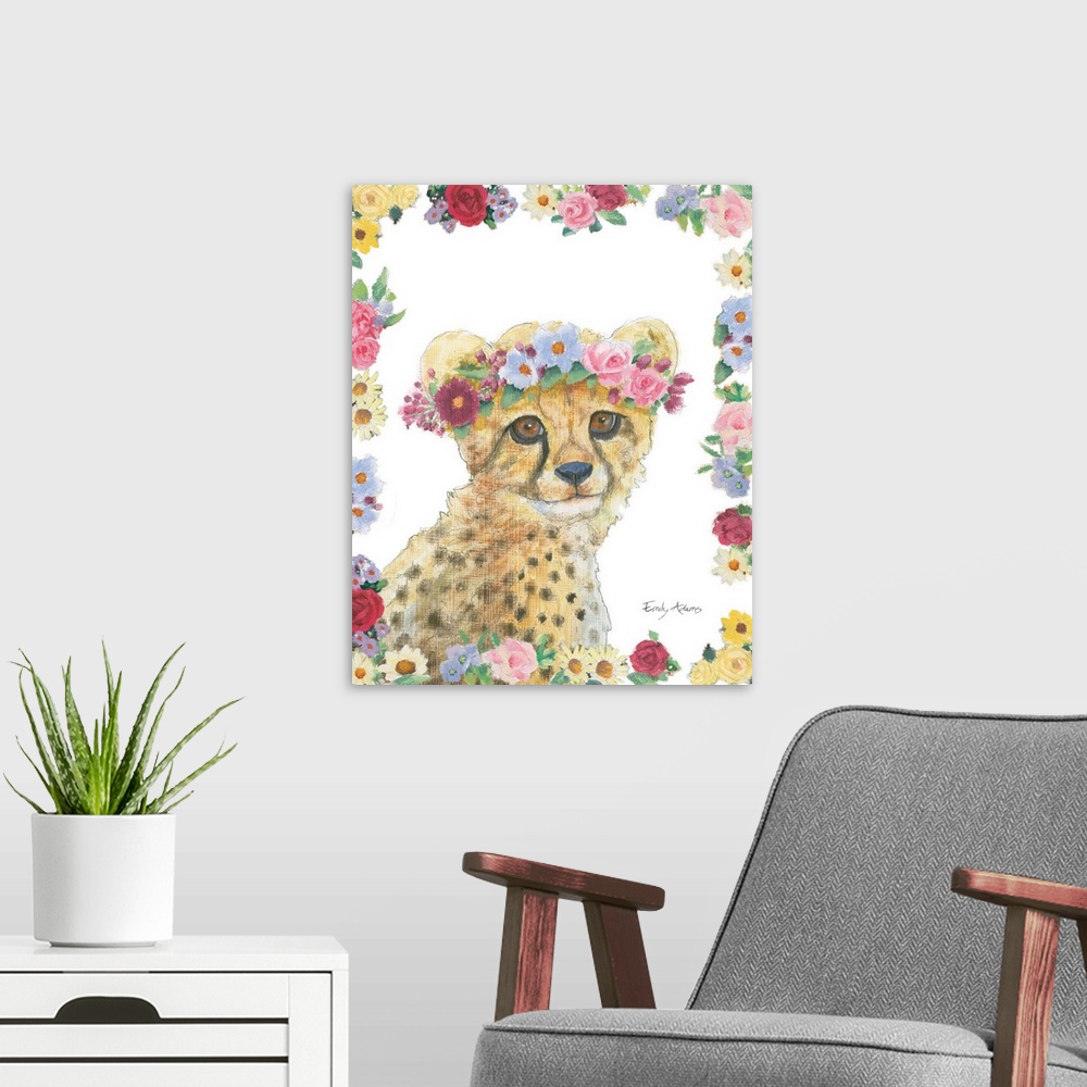 A modern room featuring Decorative children's art featuring a cheetah with a flower crown outlined by flowers.