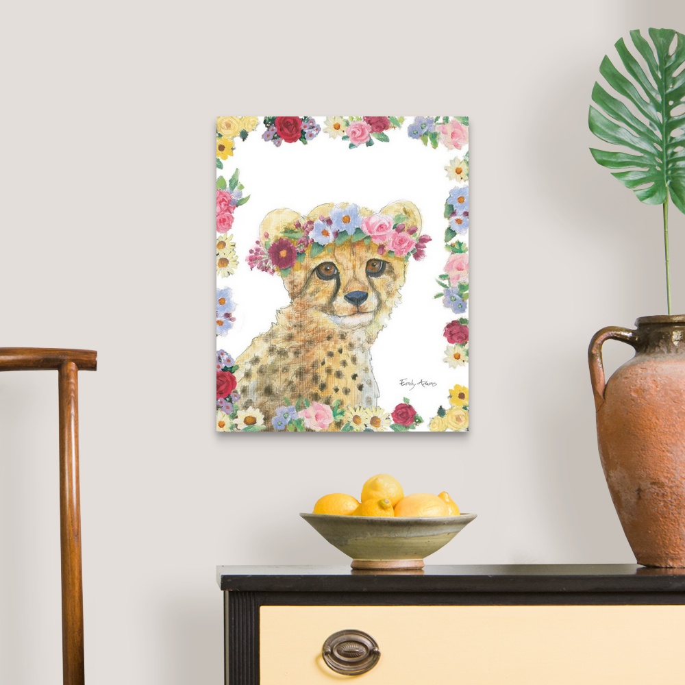 A traditional room featuring Decorative children's art featuring a cheetah with a flower crown outlined by flowers.