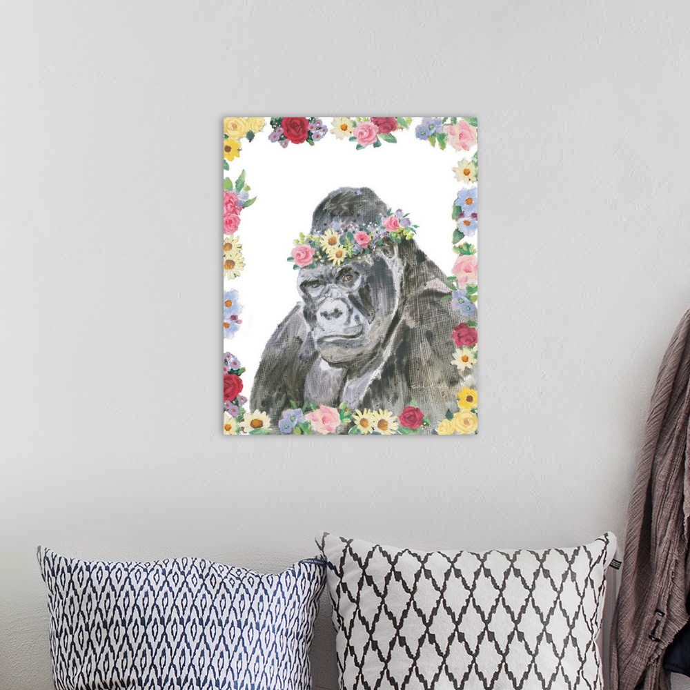 A bohemian room featuring Vertical artwork of an ape with a crown of flowers on it's head and a flowered border.