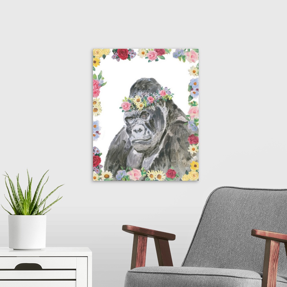 A modern room featuring Vertical artwork of an ape with a crown of flowers on it's head and a flowered border.
