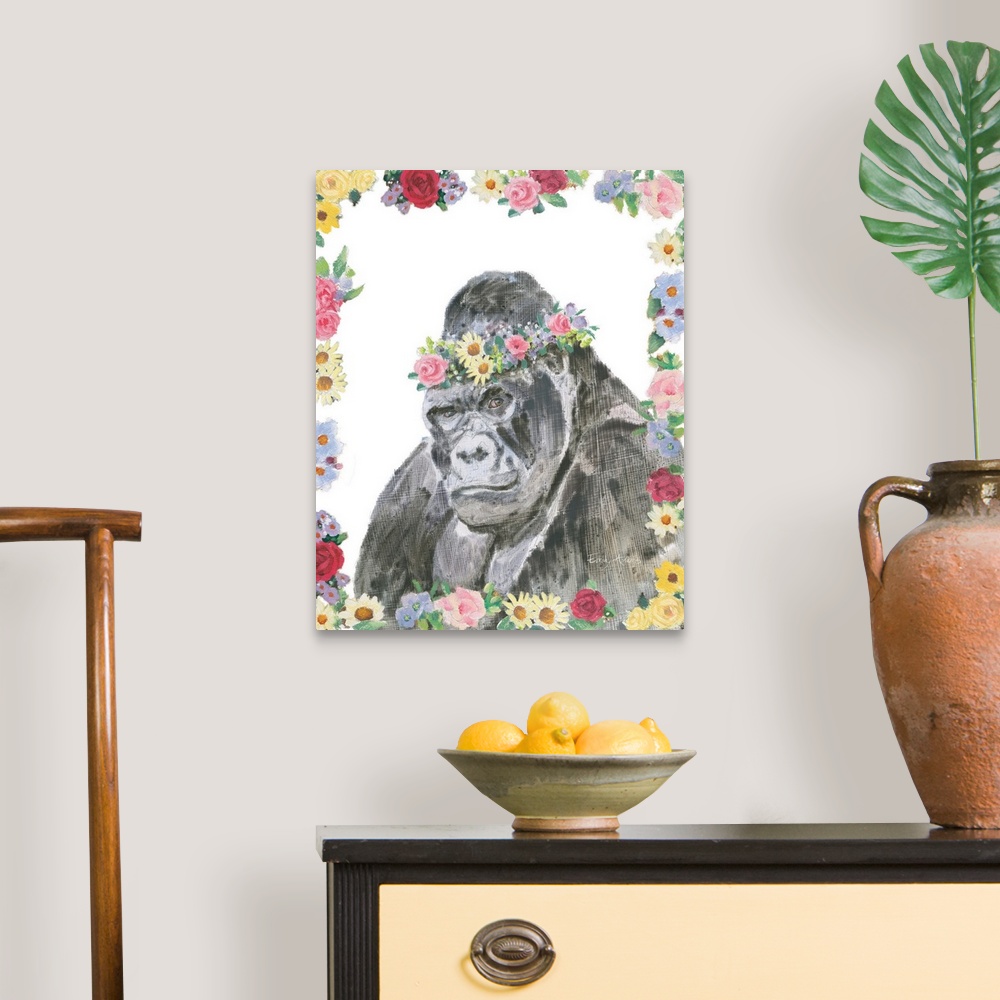 A traditional room featuring Vertical artwork of an ape with a crown of flowers on it's head and a flowered border.