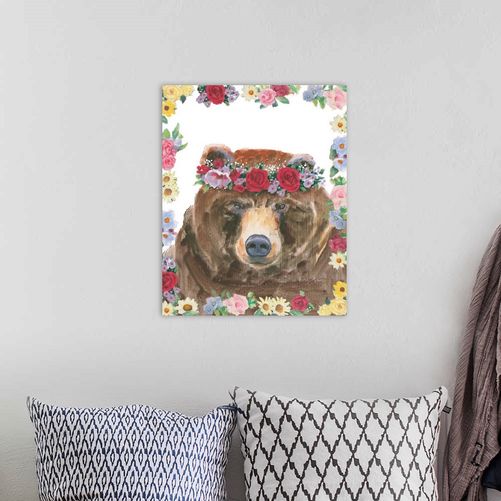 A bohemian room featuring Vertical artwork of a brown bear with a crown of flowers on it's head and a flowered border.