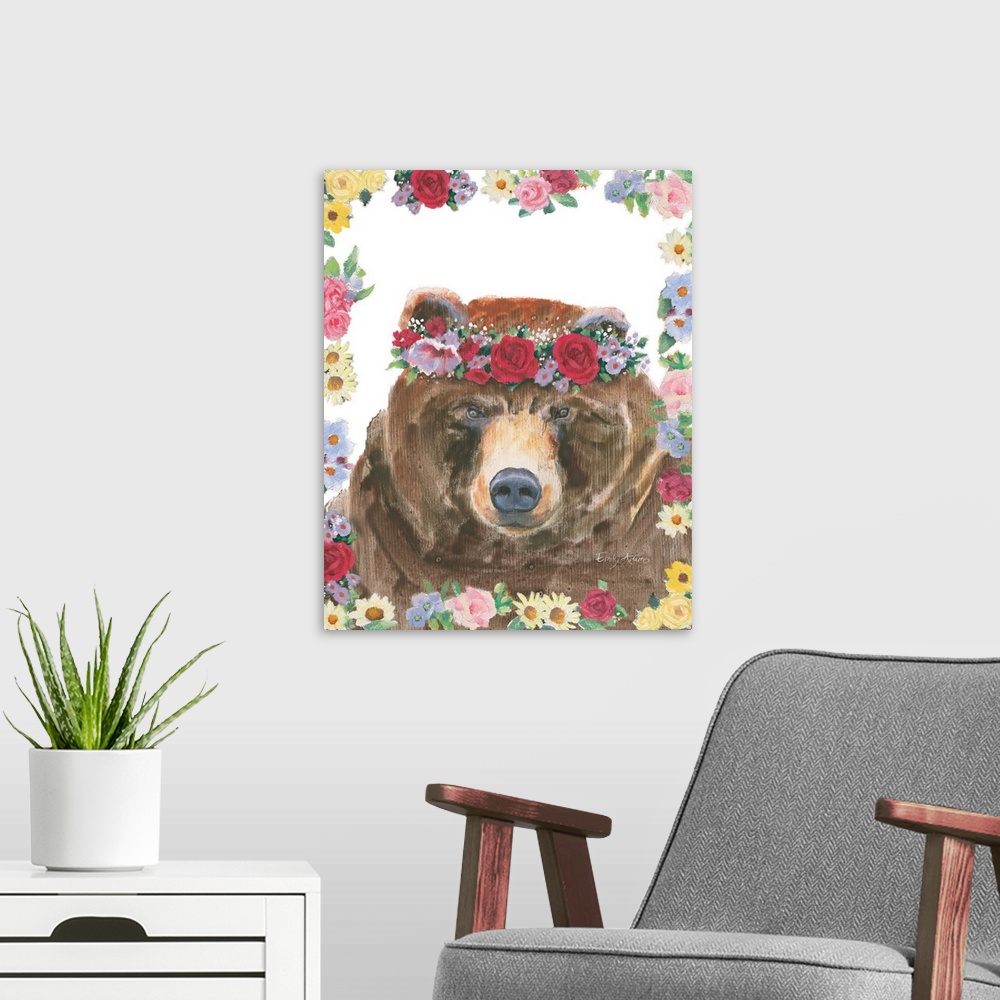 A modern room featuring Vertical artwork of a brown bear with a crown of flowers on it's head and a flowered border.