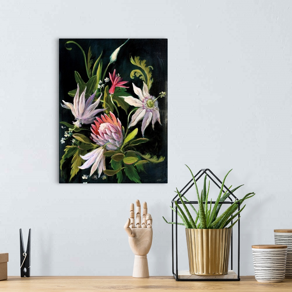 A bohemian room featuring Contemporary painting of wildflowers flowers on a black background.