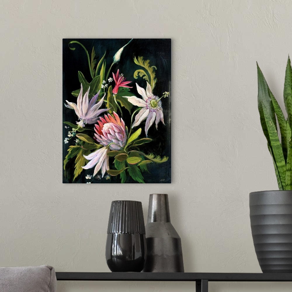 A modern room featuring Contemporary painting of wildflowers flowers on a black background.