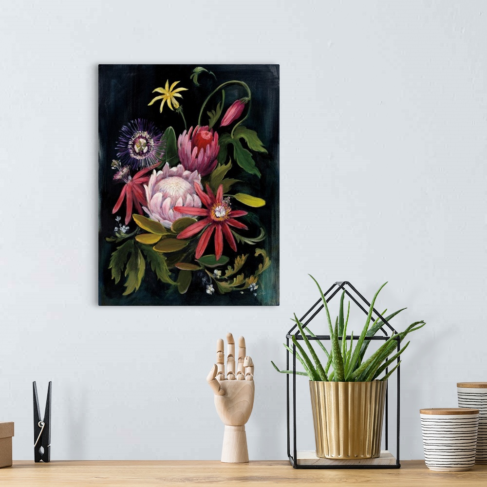 A bohemian room featuring Contemporary painting of wildflowers flowers on a black background.