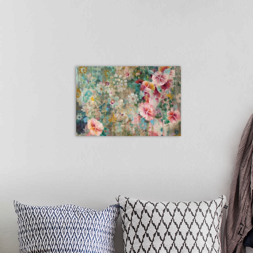 A bohemian room featuring Abstract floral painting with a cool background and warm pink flowers on the foreground.
