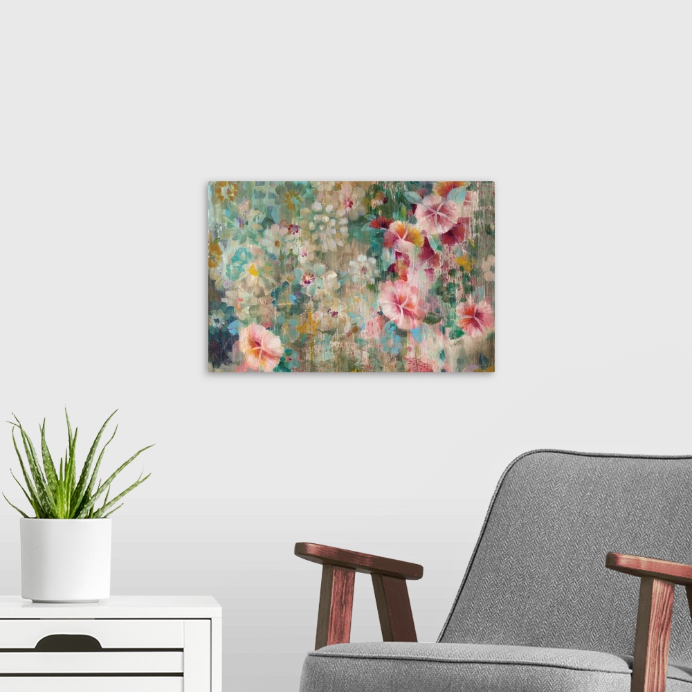 A modern room featuring Abstract floral painting with a cool background and warm pink flowers on the foreground.